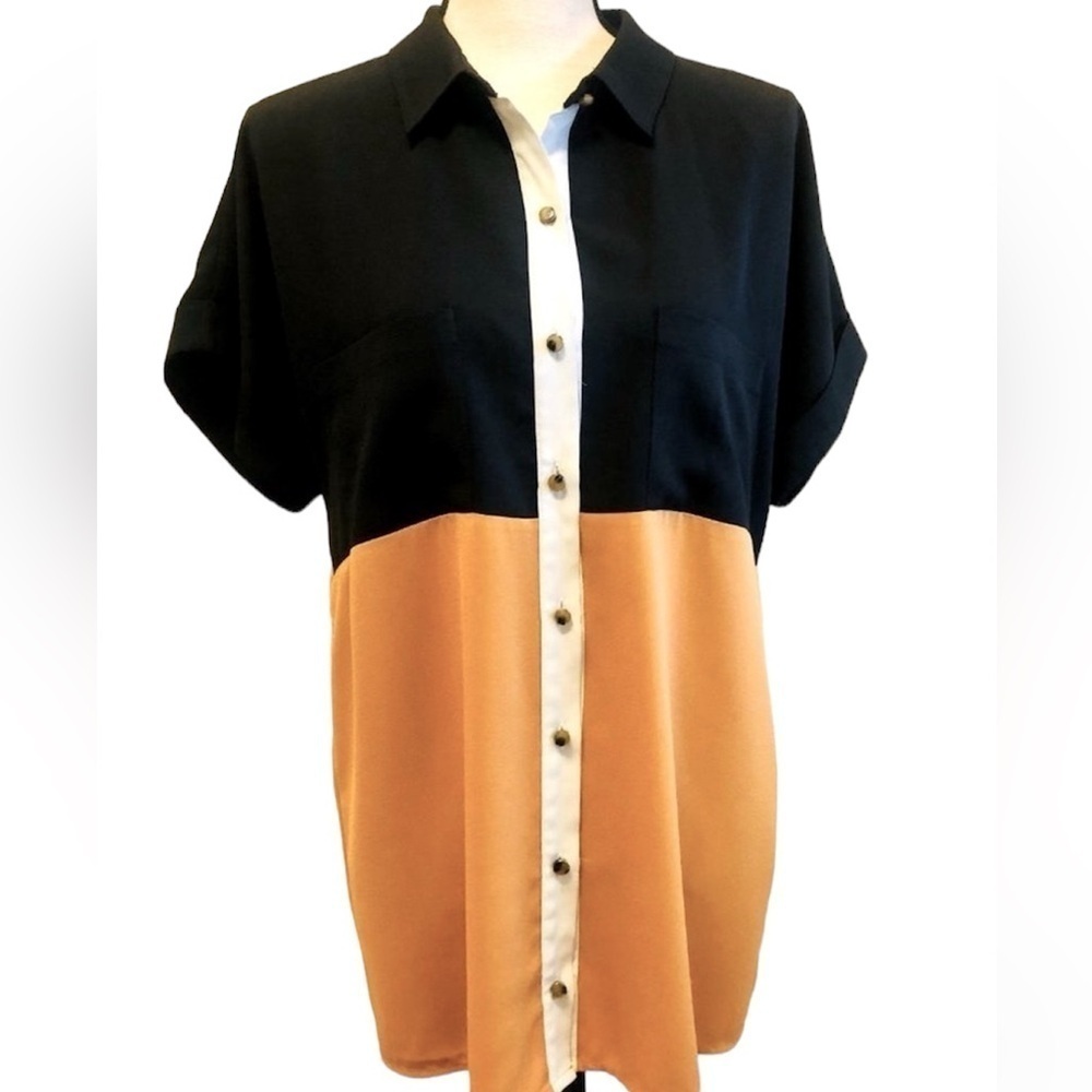 Forever 21 Blouse Colorblock Button Front Black Gold Oversized size Medium